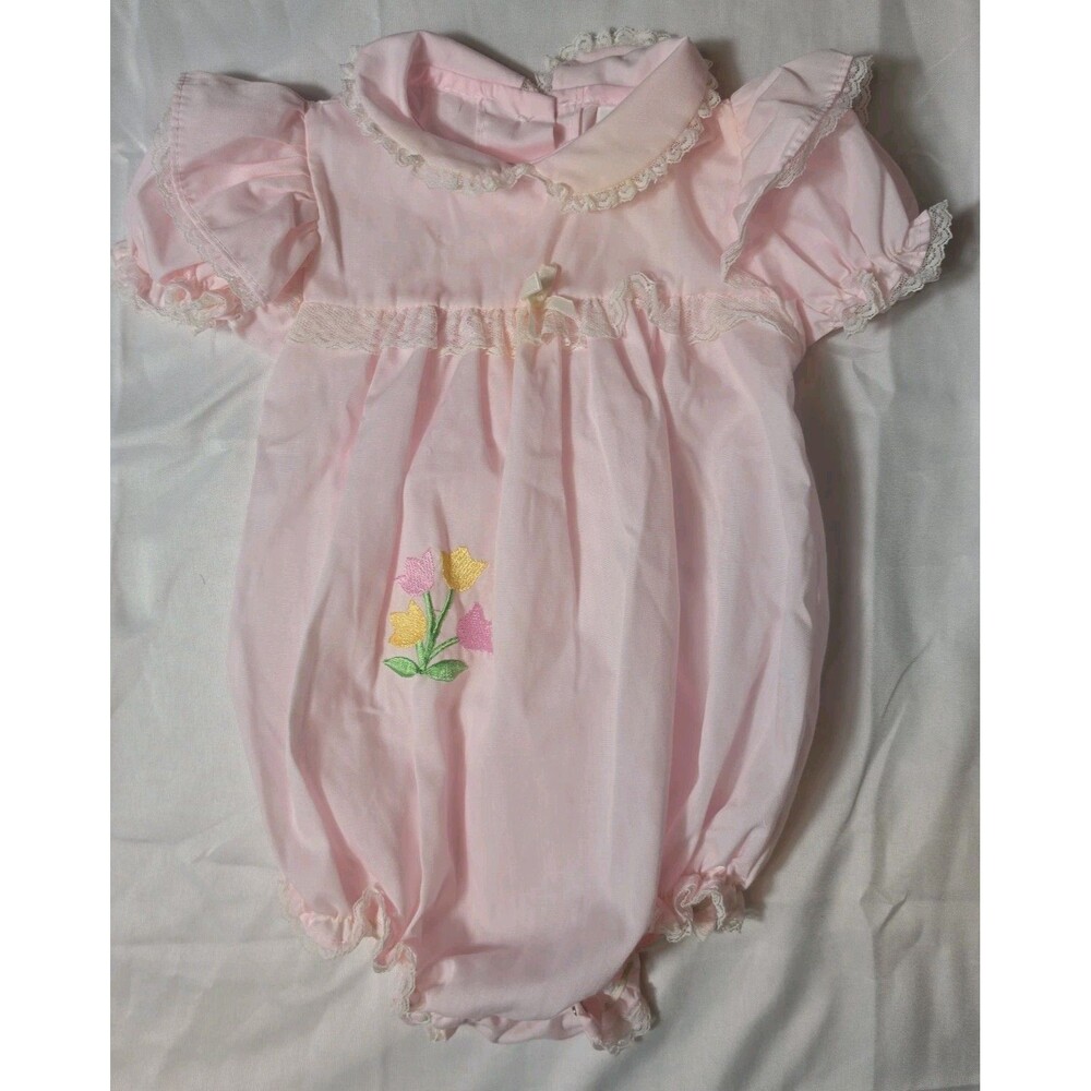 Vtg Pink Alexis Baby Bubble Romper 6 Months Tulip Embroidery Lace Trim 1980s